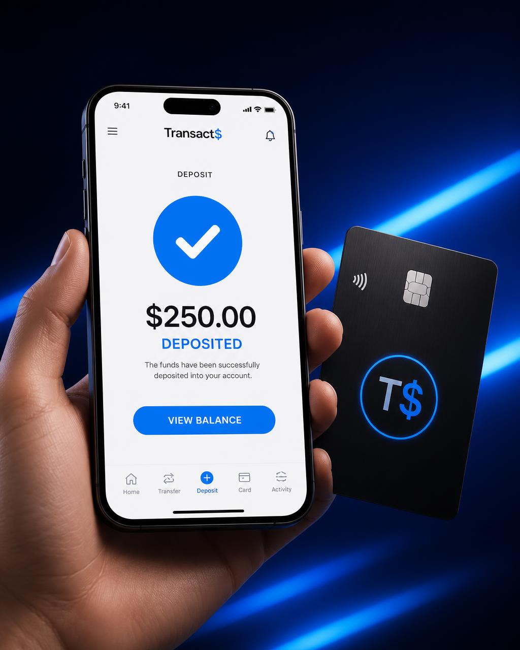Phone showing a $250.00 deposited payment next to a Turks Pay card